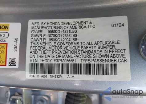 2024 Honda Accord Ex из США, поврежденный, VIN 1HGCY1F37RA036581